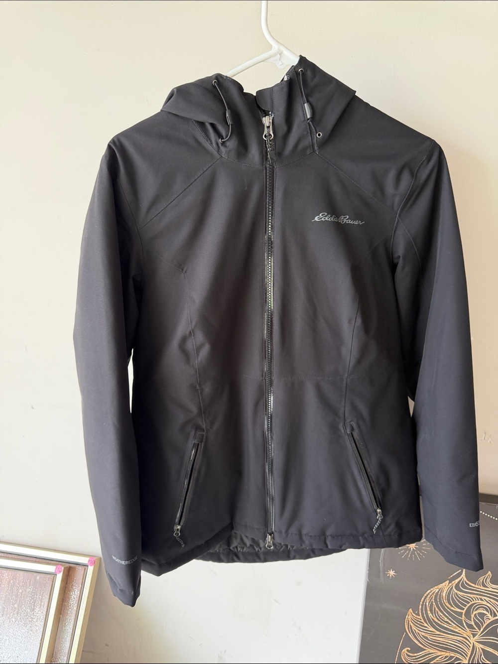 Eddie Bauer Black Hooded Softshell Jacket with Zippered Pockets